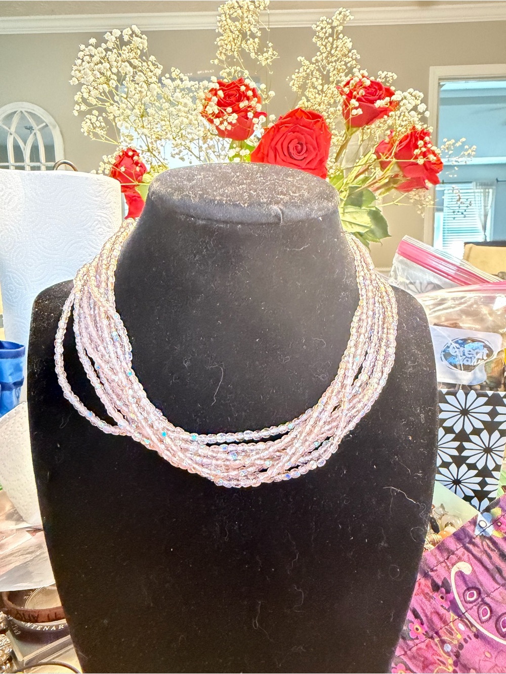 Delicate Pink Multi-Strand Crystal Necklace - Women Jewelry